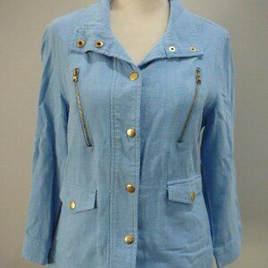 Peck & Peck Linen Blend Light Blue Long Sleeve Snap Close Jacket-Size S
